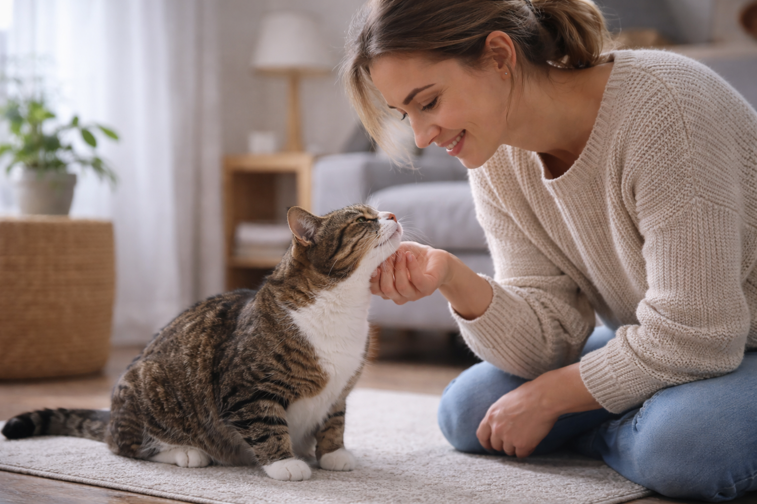 Tutor acalmando gato estressado com carinho em ambiente tranquilo