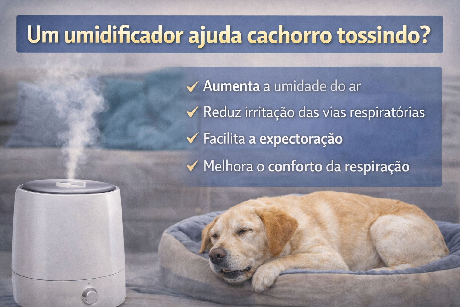Cachorro descansando em ambiente doméstico com umidificador de ar ligado, ilustrando como a umidade pode ajudar a aliviar tosse em cães