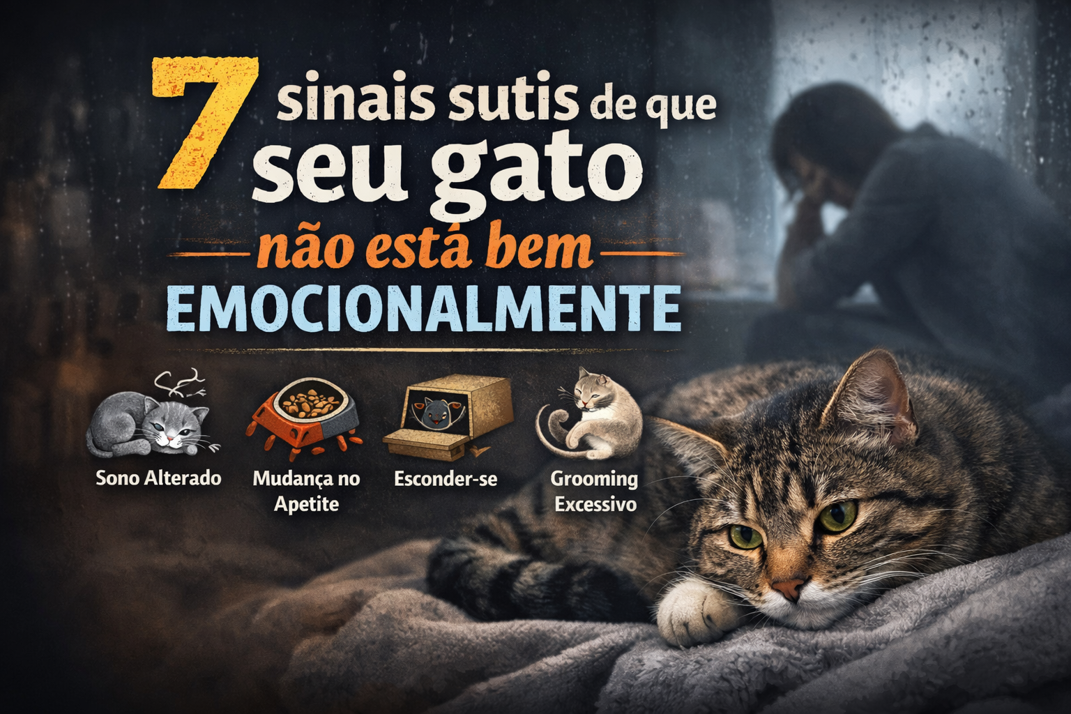 Gato com expressão triste deitado na cama representando sinais sutis de que não está bem emocionalmente, como estresse e mudanças de comportamento.