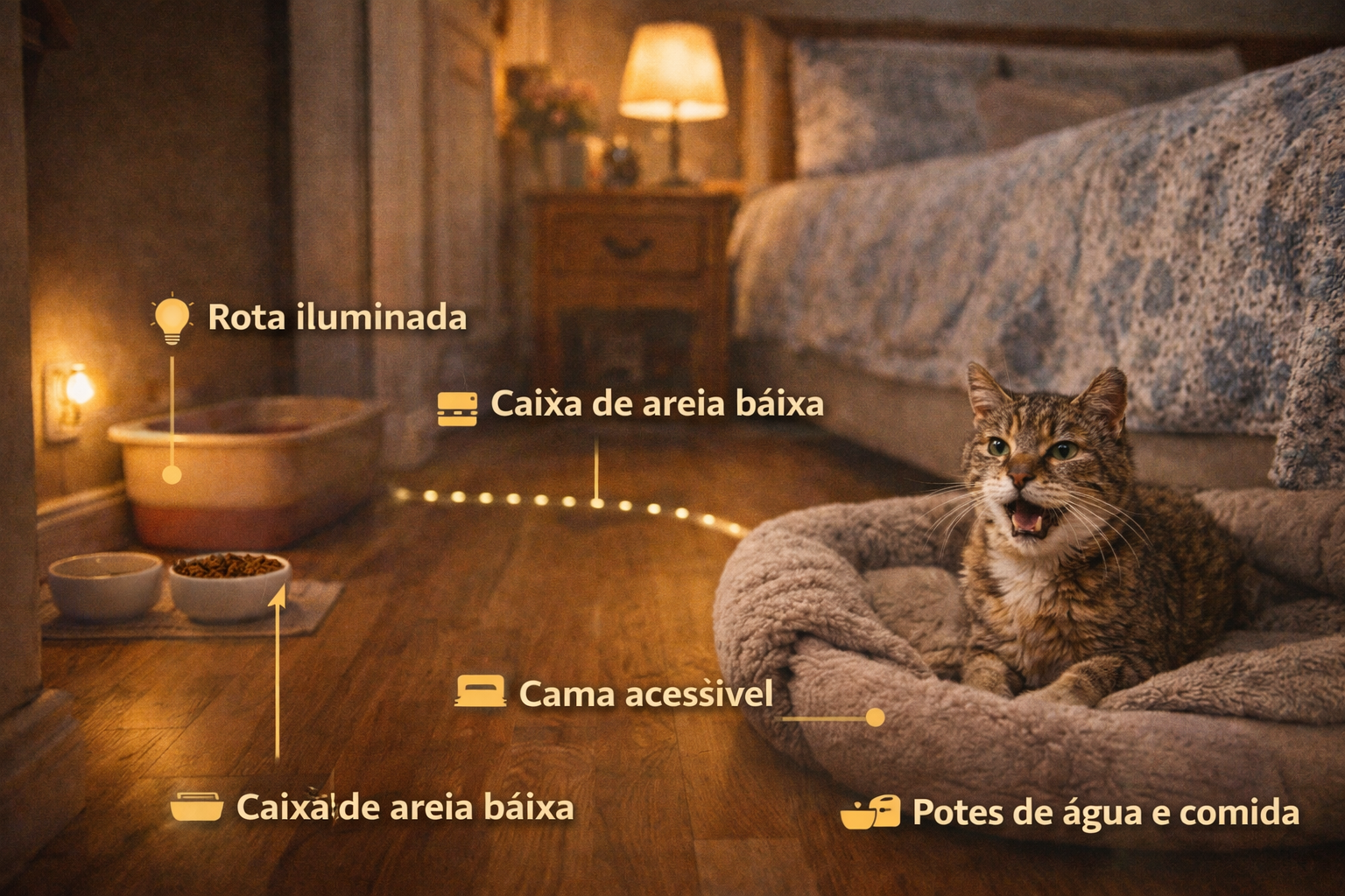 Ambiente adaptado para gato idoso com rota iluminada, caixa de areia baixa, cama acessível e potes de água e comida