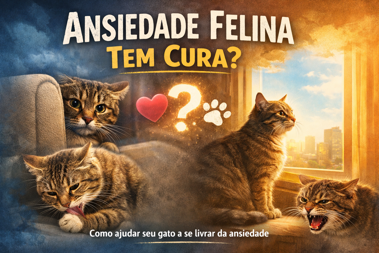 Gato ansioso com sinais de estresse e pergunta “Ansiedade felina tem cura?” em destaque, ilustrando comportamentos como se esconder, lambedura excessiva e agressividade.