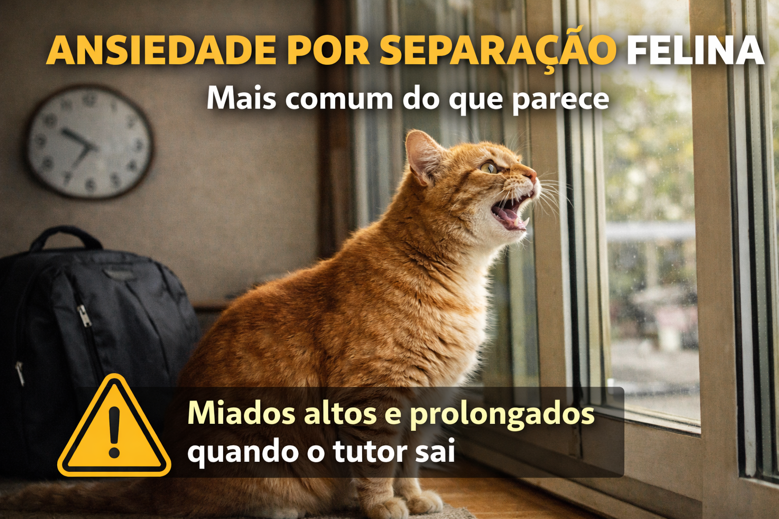 Gato miando alto perto da porta após o tutor sair de casa, sinal de ansiedade por separação