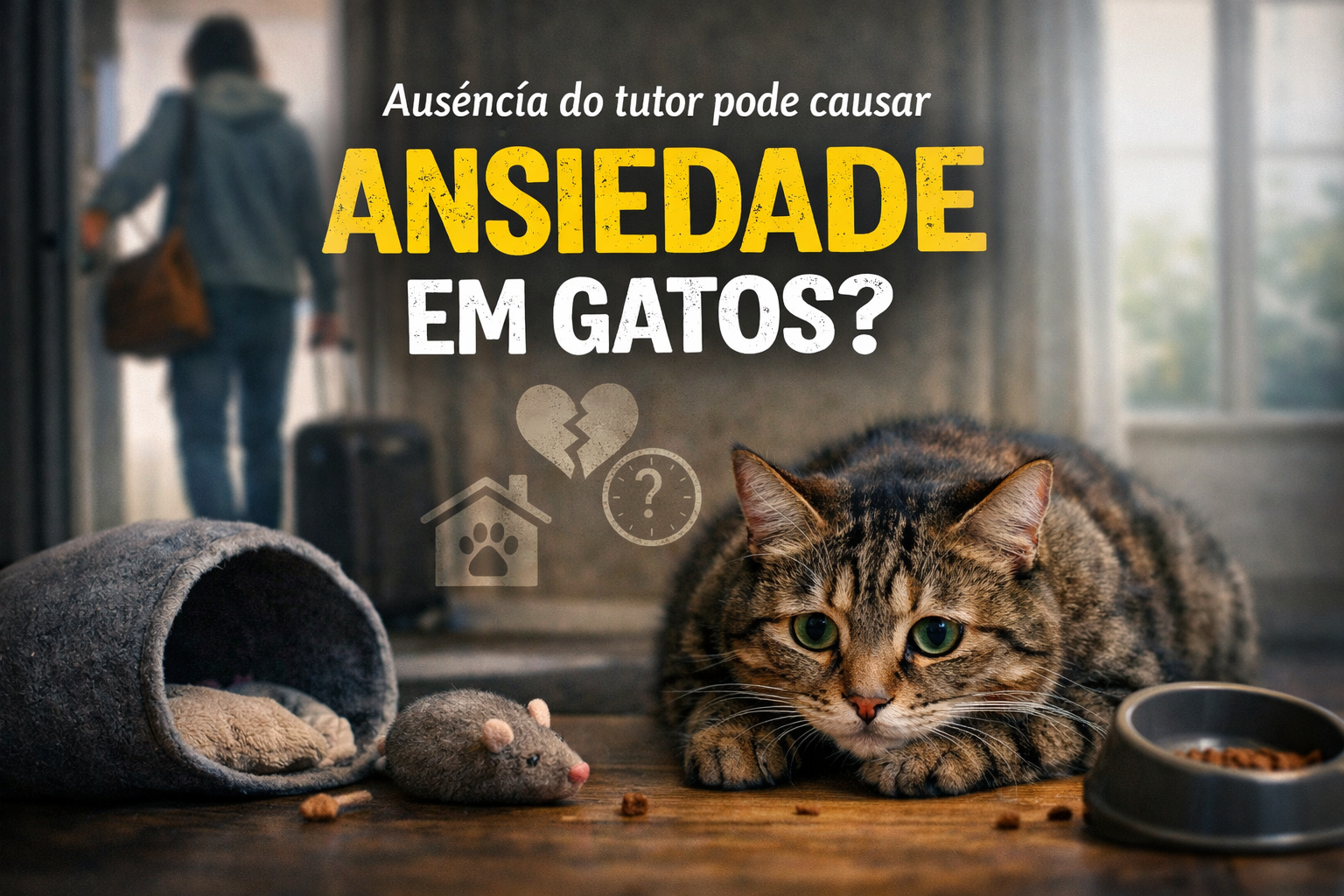 Gato com expressão triste e postura retraída enquanto tutor sai de casa com mala ao fundo, ilustrando ansiedade por ausência. ausência do tutor pode causar ansiedade em gatos