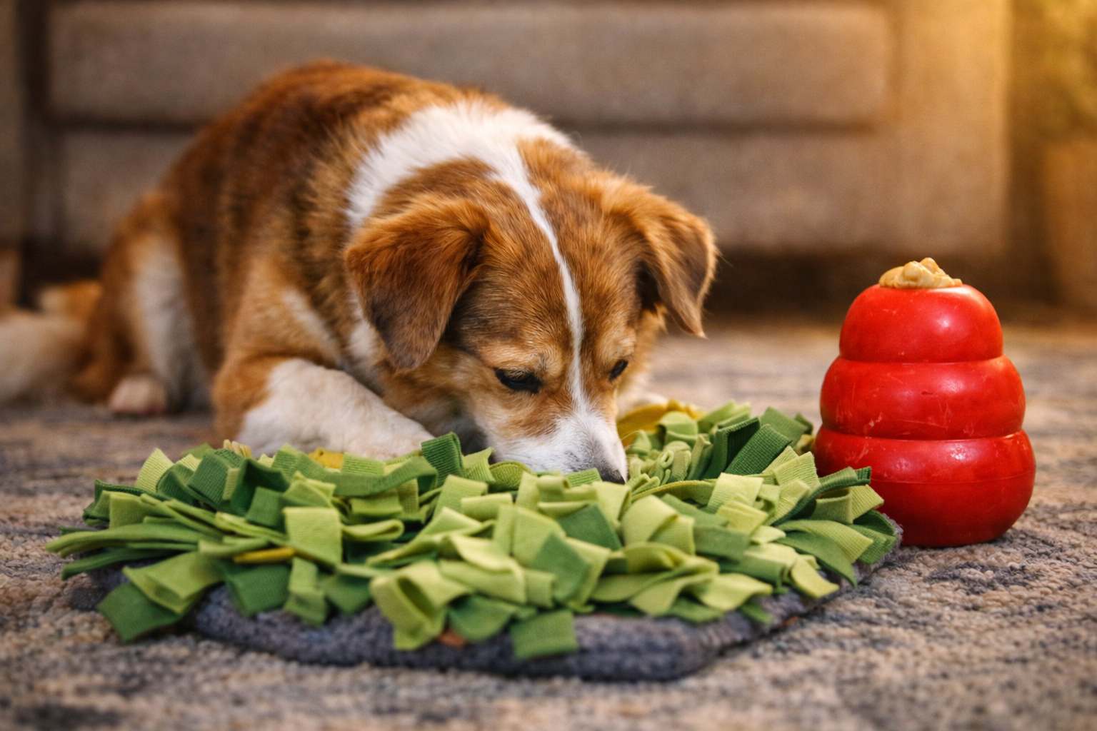 Brinquedos para cachorro ansioso: tapete olfativo e kong recheável para acalmar