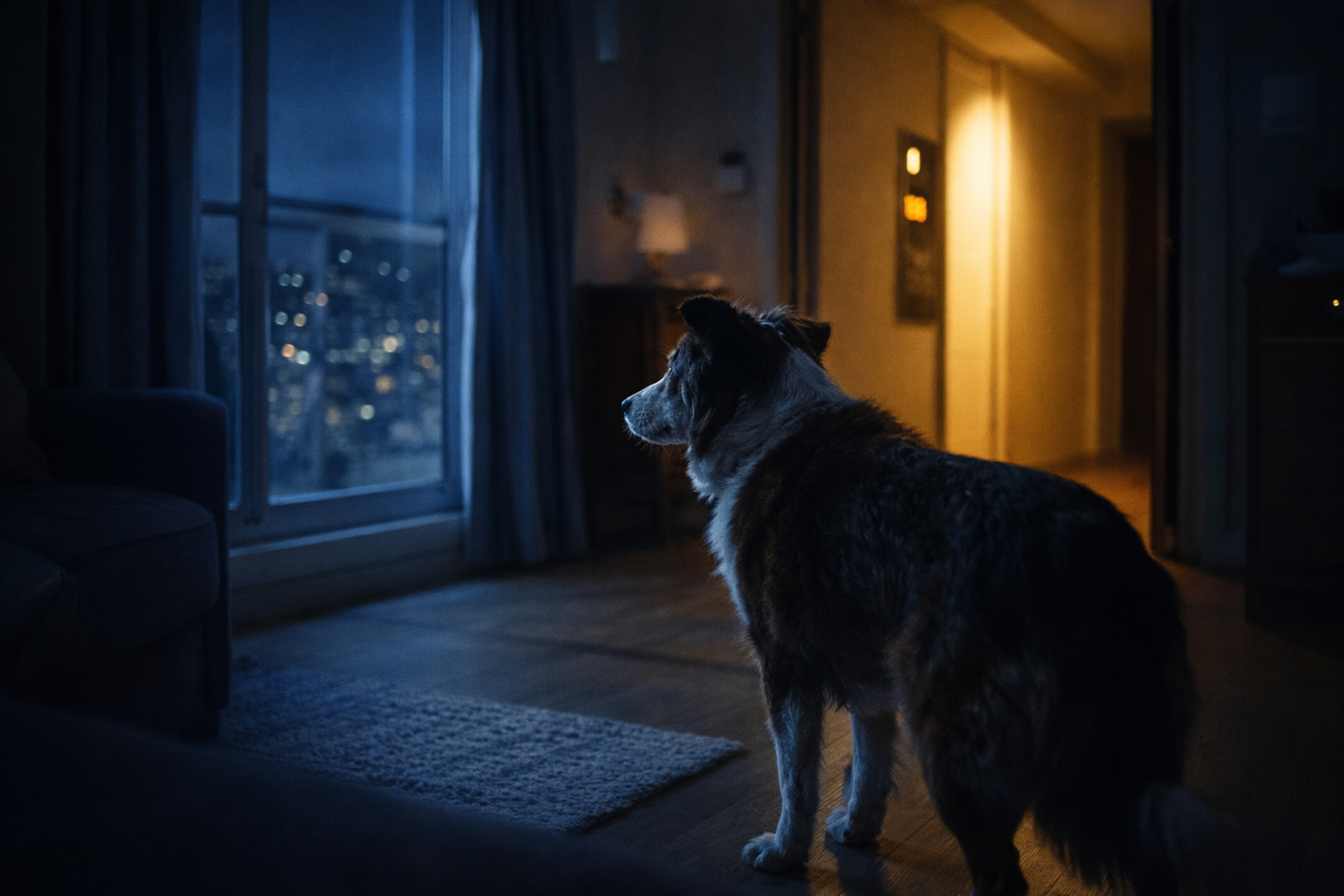 Cachorro ansioso à noite em apartamento, atento a sons e movimentos