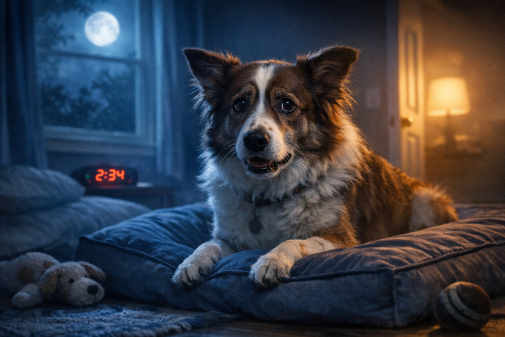 Cachorro ansioso à noite deitado na cama, acordado e inquieto enquanto a casa está escura