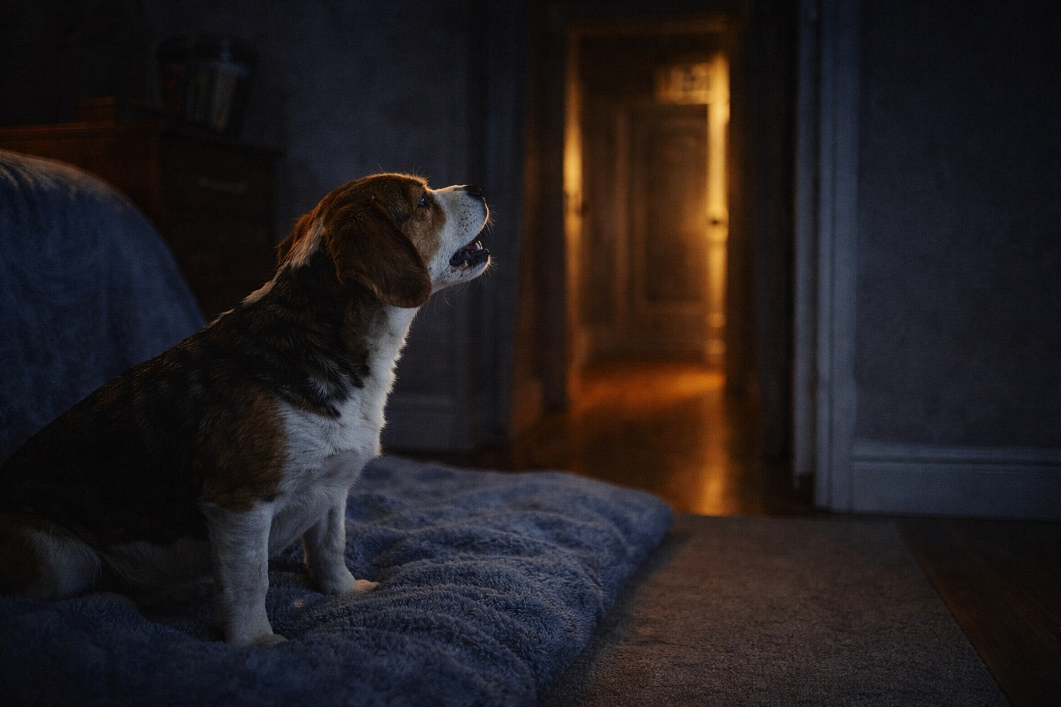 Cachorro ansioso chorando à noite, acordado e olhando para o corredor escuro