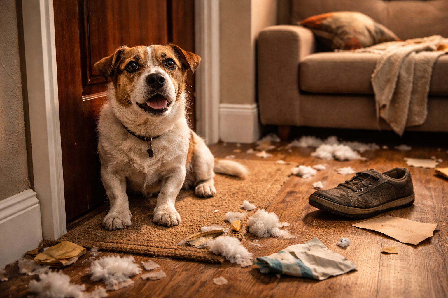 Cachorro ansioso chorando perto da porta com sinais de destruição em apartamento quando fica sozinho