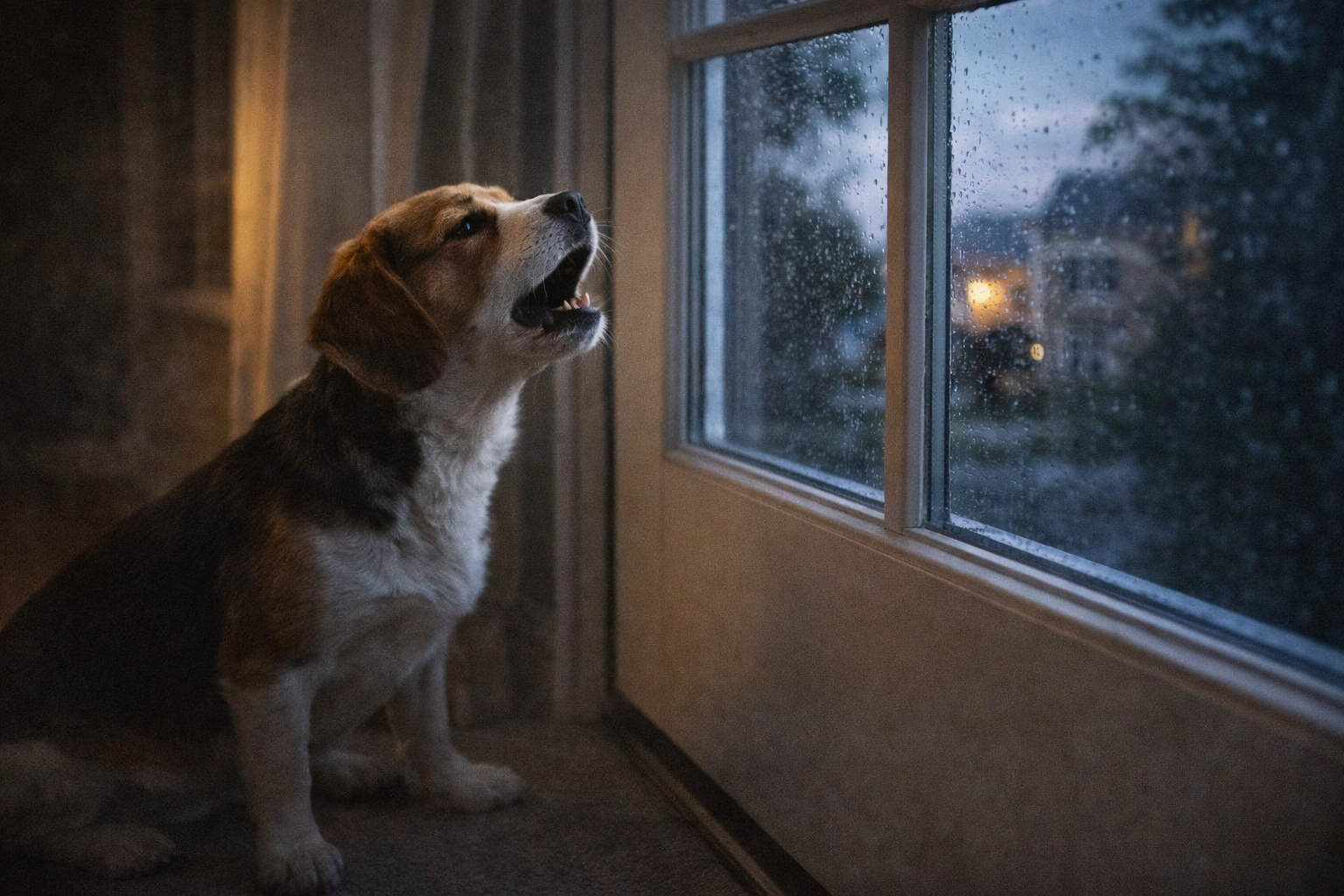 Cachorro ansioso chorando quando fica sozinho, olhando pela janela em casa