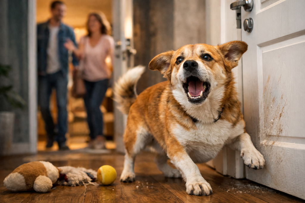 Cachorro ansioso latindo e agitado com a chegada de visitas em casa