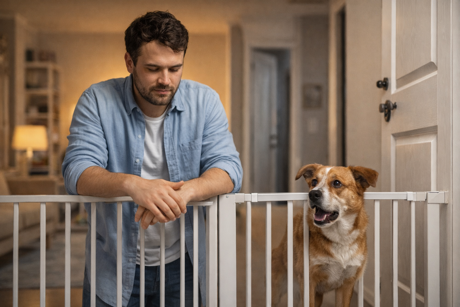 Cachorro ansioso com visitas observando calmamente atrás de portãozinho enquanto o tutor mantém postura tranquila