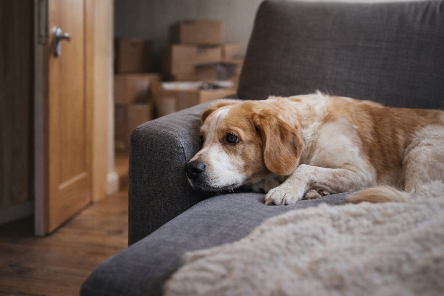 Cachorro ansioso depois de mudança de casa, deitado no sofá e olhando para a porta em ambiente com caixas