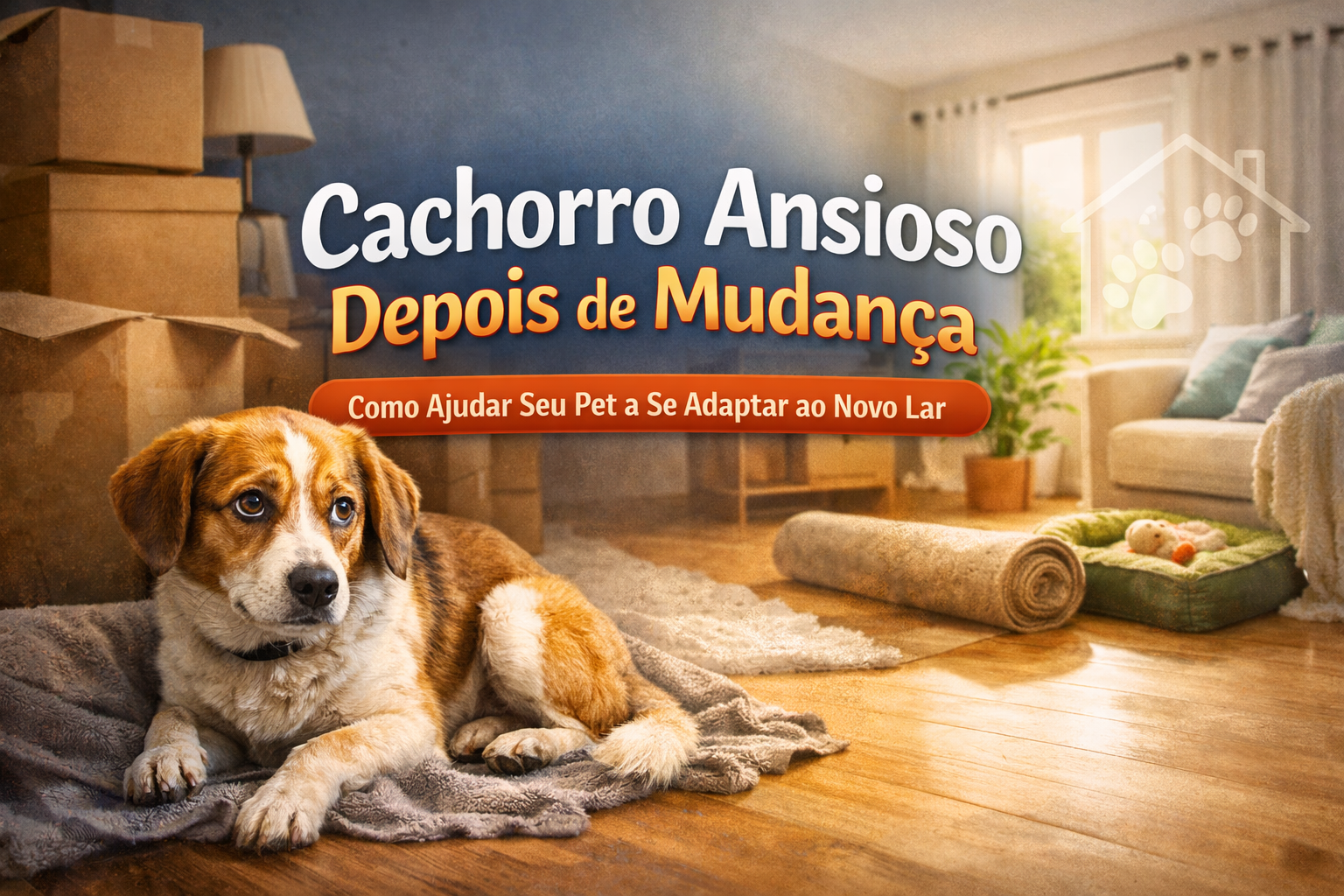 Cachorro ansioso depois de mudança em ambiente novo com caixas ao fundo