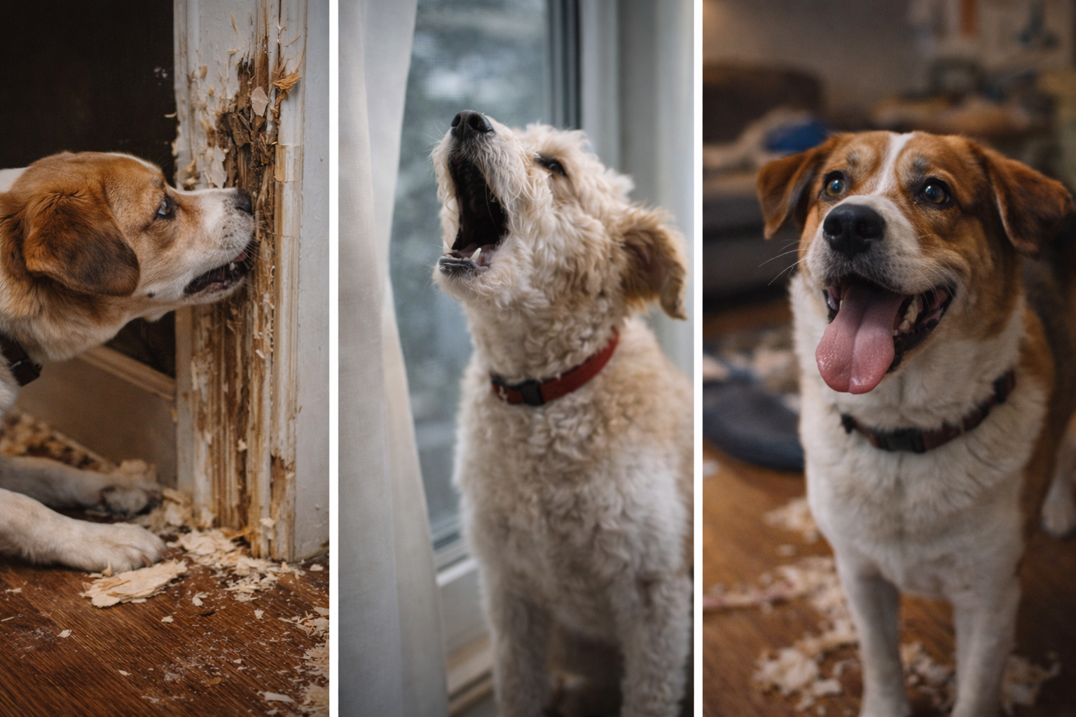 Destruição perto da porta causada por cachorro ansioso quando fica sozinho em casa