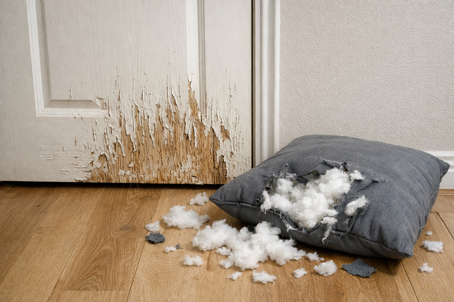 Porta arranhada e almofada rasgada por cachorro ansioso dentro de casa
