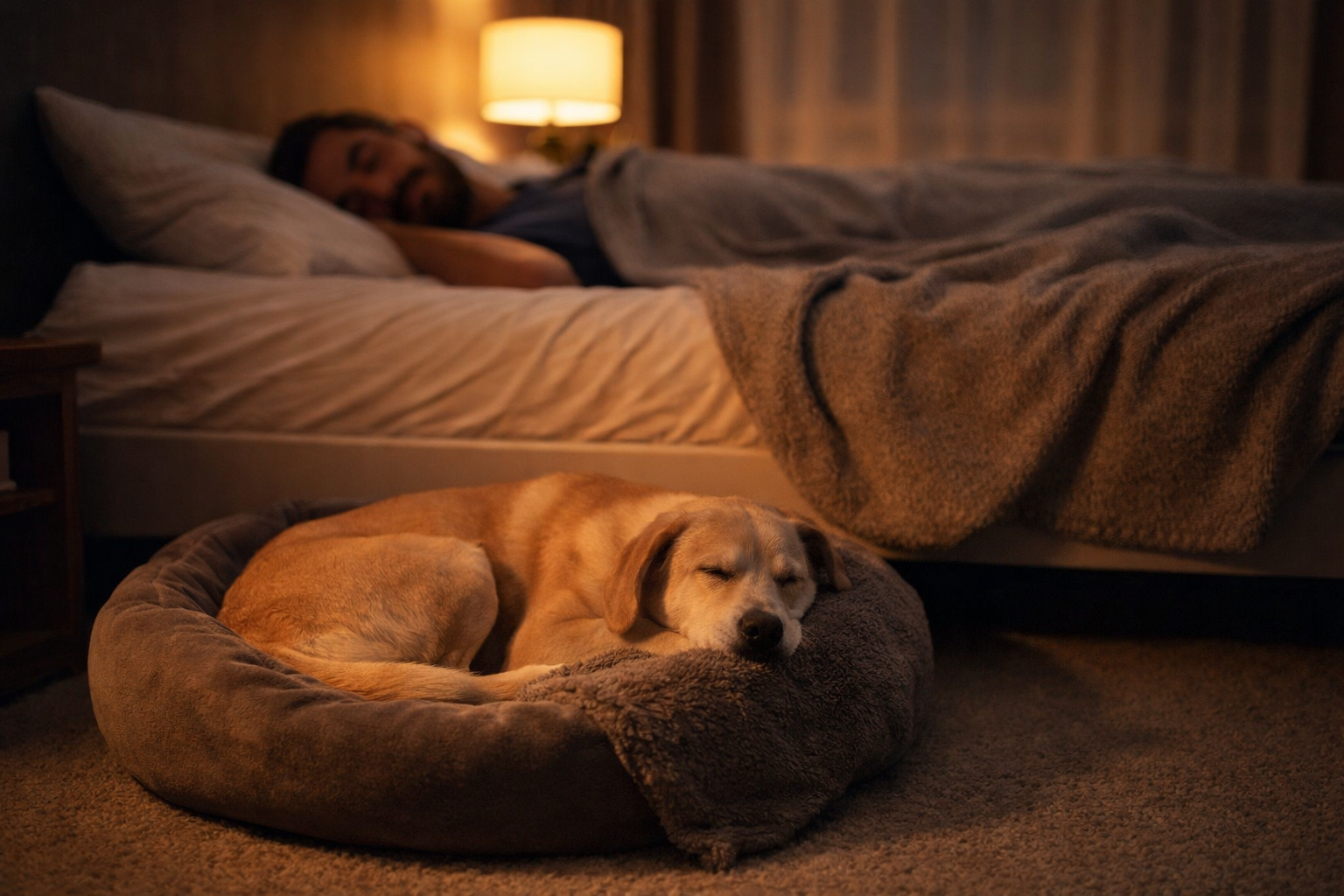 Cachorro ansioso dormindo tranquilo na caminha no quarto do tutor à noite