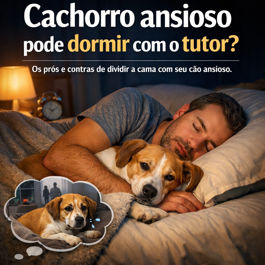 Cachorro ansioso dormindo com o tutor na cama durante a noite