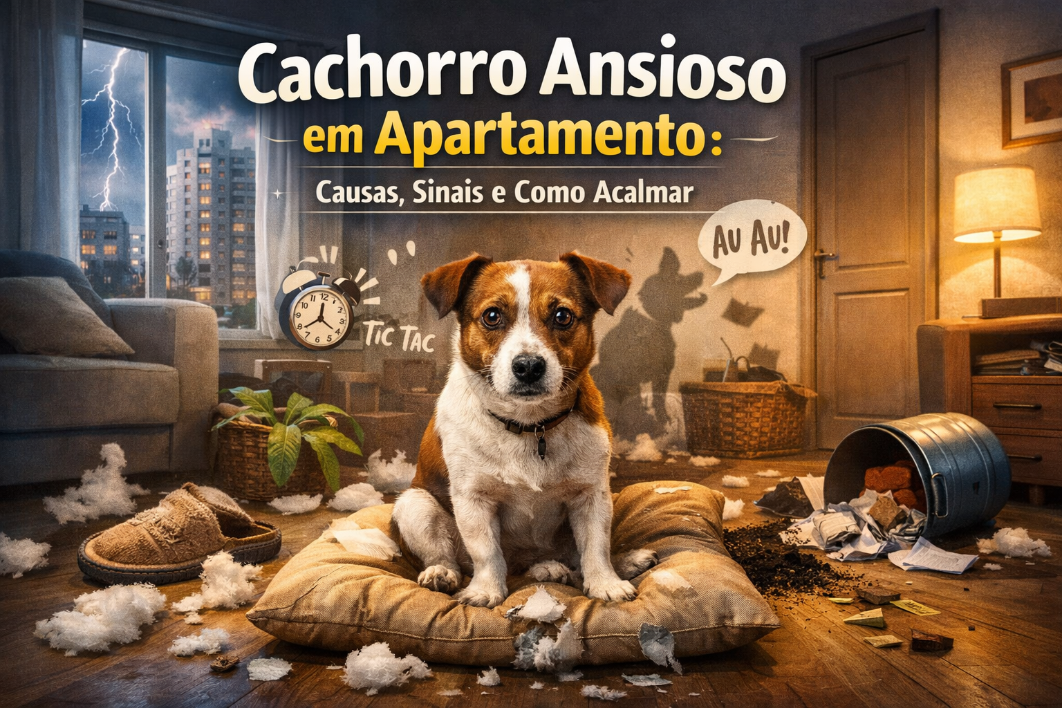 Cachorro ansioso em apartamento olhando pela janela enquanto o tutor tenta acalmá-lo