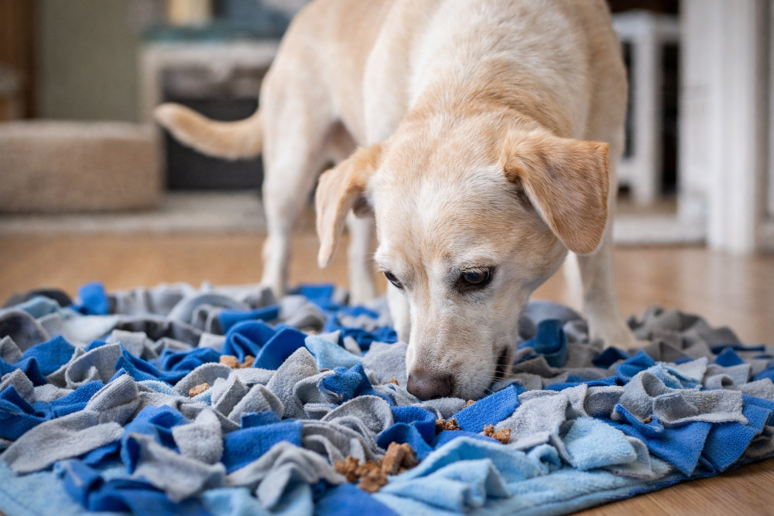 Cachorro farejando petiscos em tapete olfativo como forma de enriquecimento ambiental para reduzir ansiedade