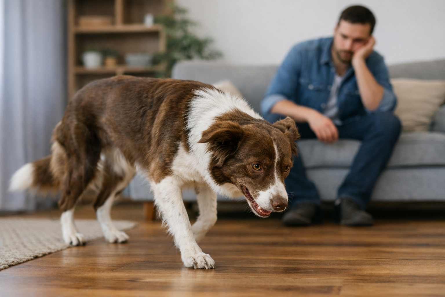 Cachorro ansioso andando de um lado para o outro dentro de casa com tutor ao fundo