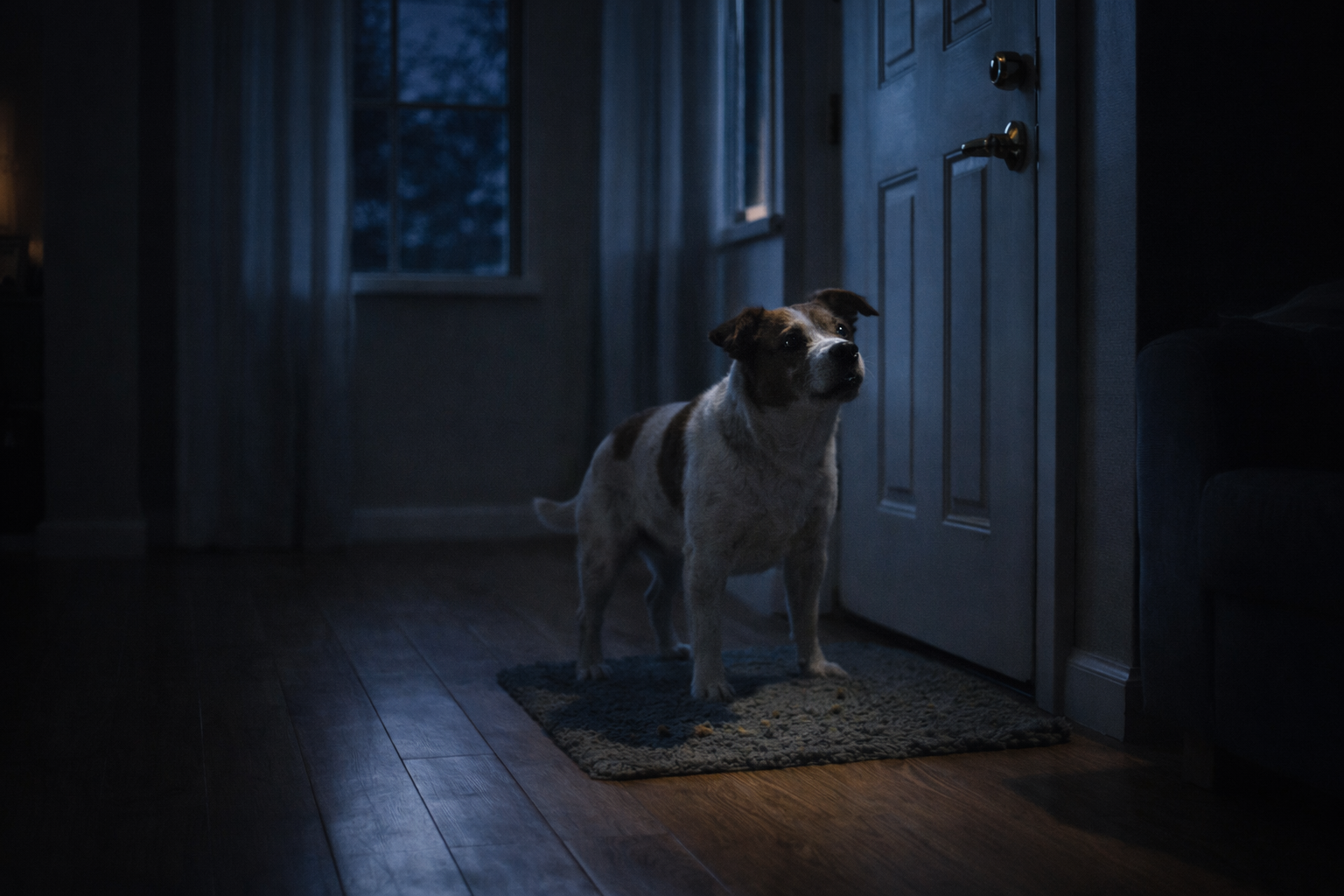 Cachorro ansioso acordado à noite em ambiente escuro, observando a porta com sinais de alerta