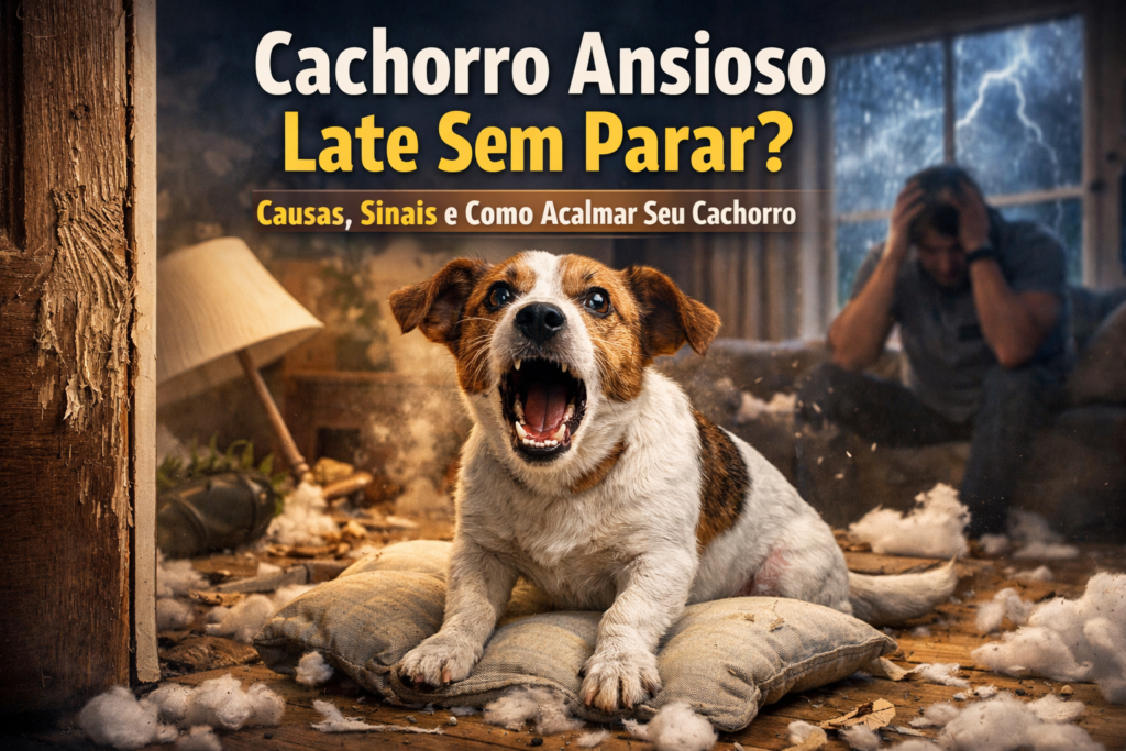 Cachorro ansioso latindo sem parar dentro de casa enquanto o tutor demonstra preocupação