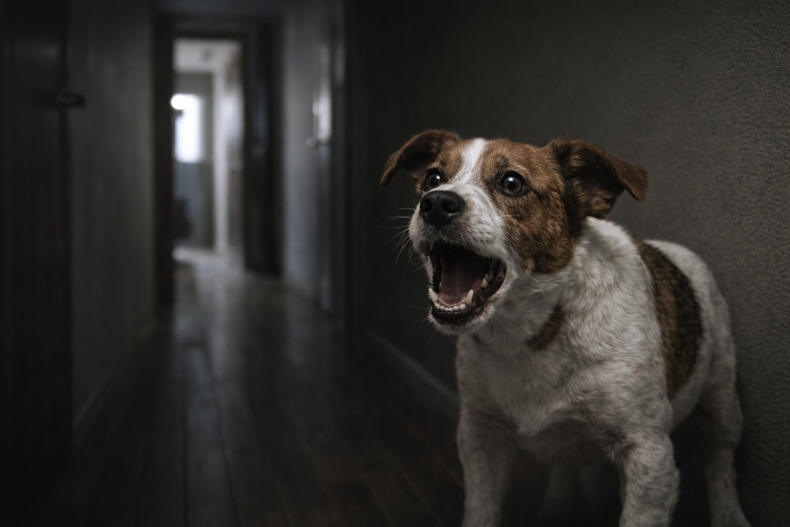 Cachorro ansioso em postura tensa, latindo e observando o corredor com sinais de estresse