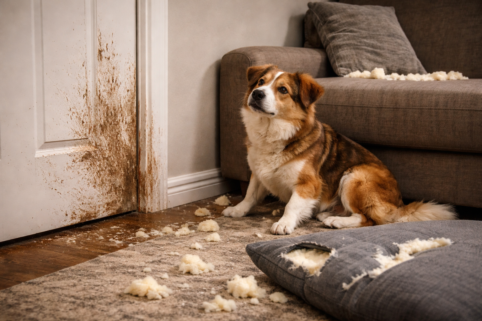 Cachorro ansioso quando fica sozinho com sinais de destruição perto da porta