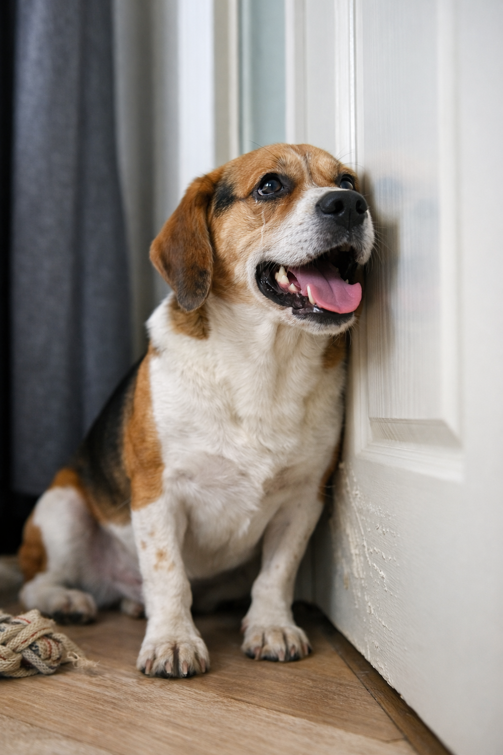 Cachorro ansioso ofegante perto da porta quando fica sozinho em casa
