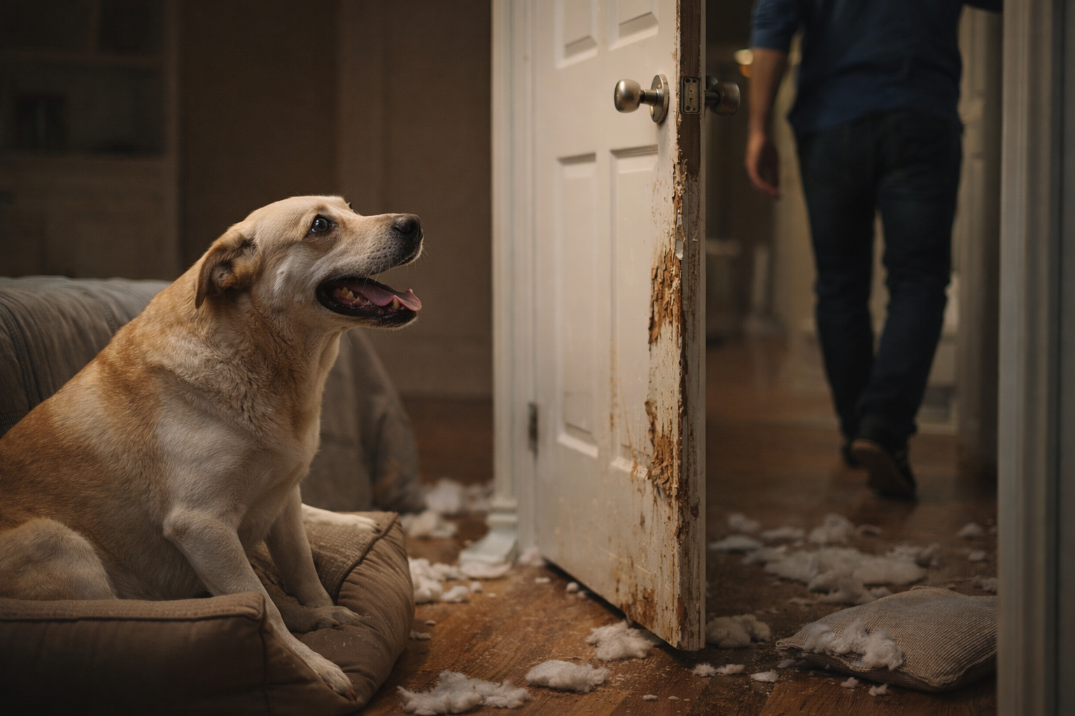 Cachorro ansioso quando fica sozinho chorando e ofegante perto da porta com sinais de destruição