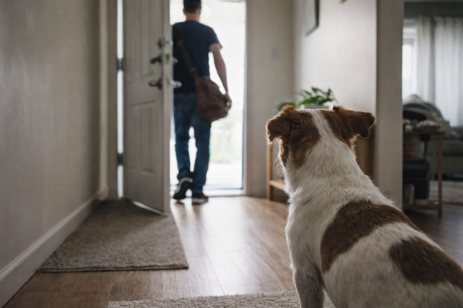 Cachorro ansioso olhando para a porta enquanto o tutor sai de casa, sinal de ansiedade de separação