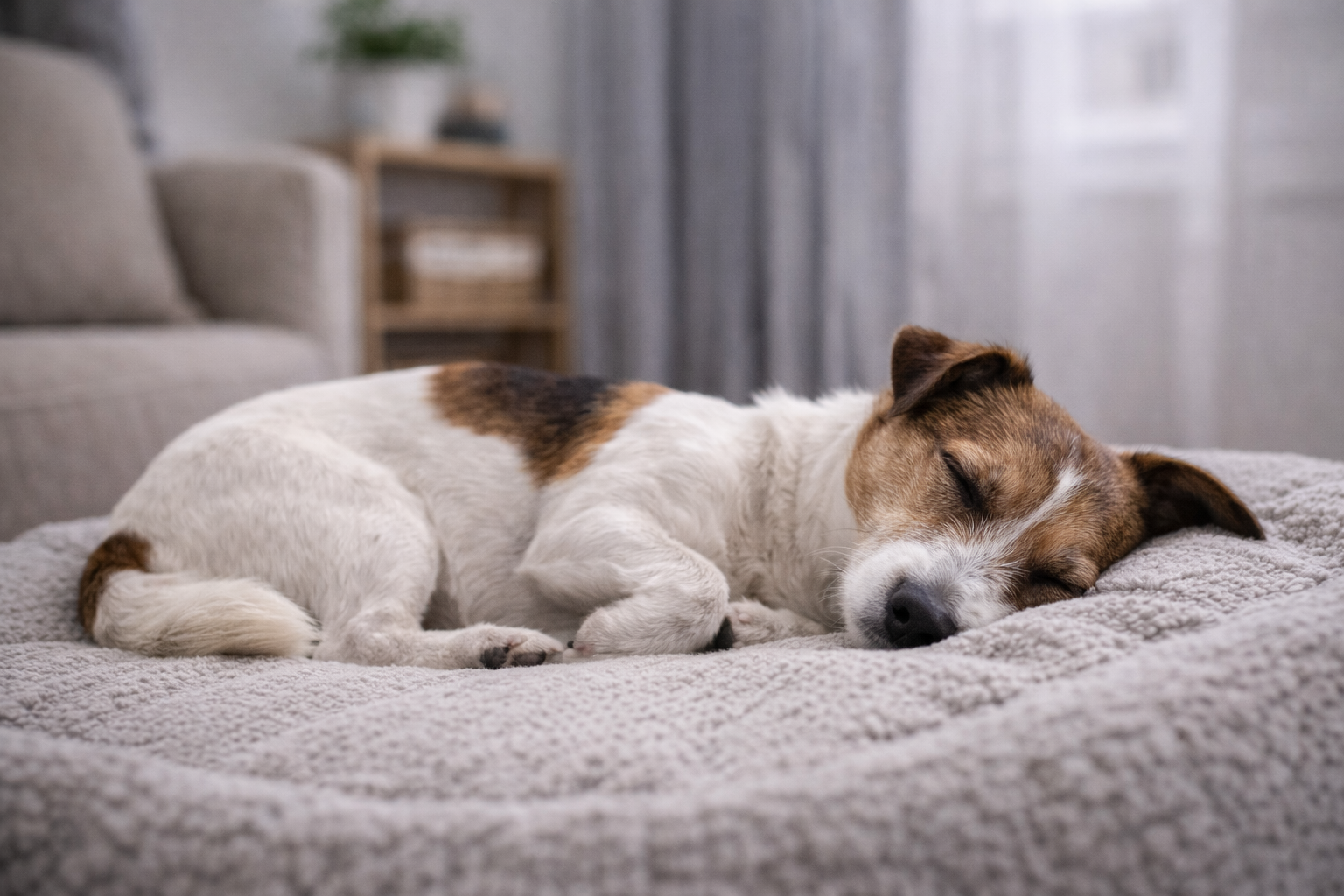 Cachorro ansioso relaxado dormindo tranquilamente após rotina e manejo adequado