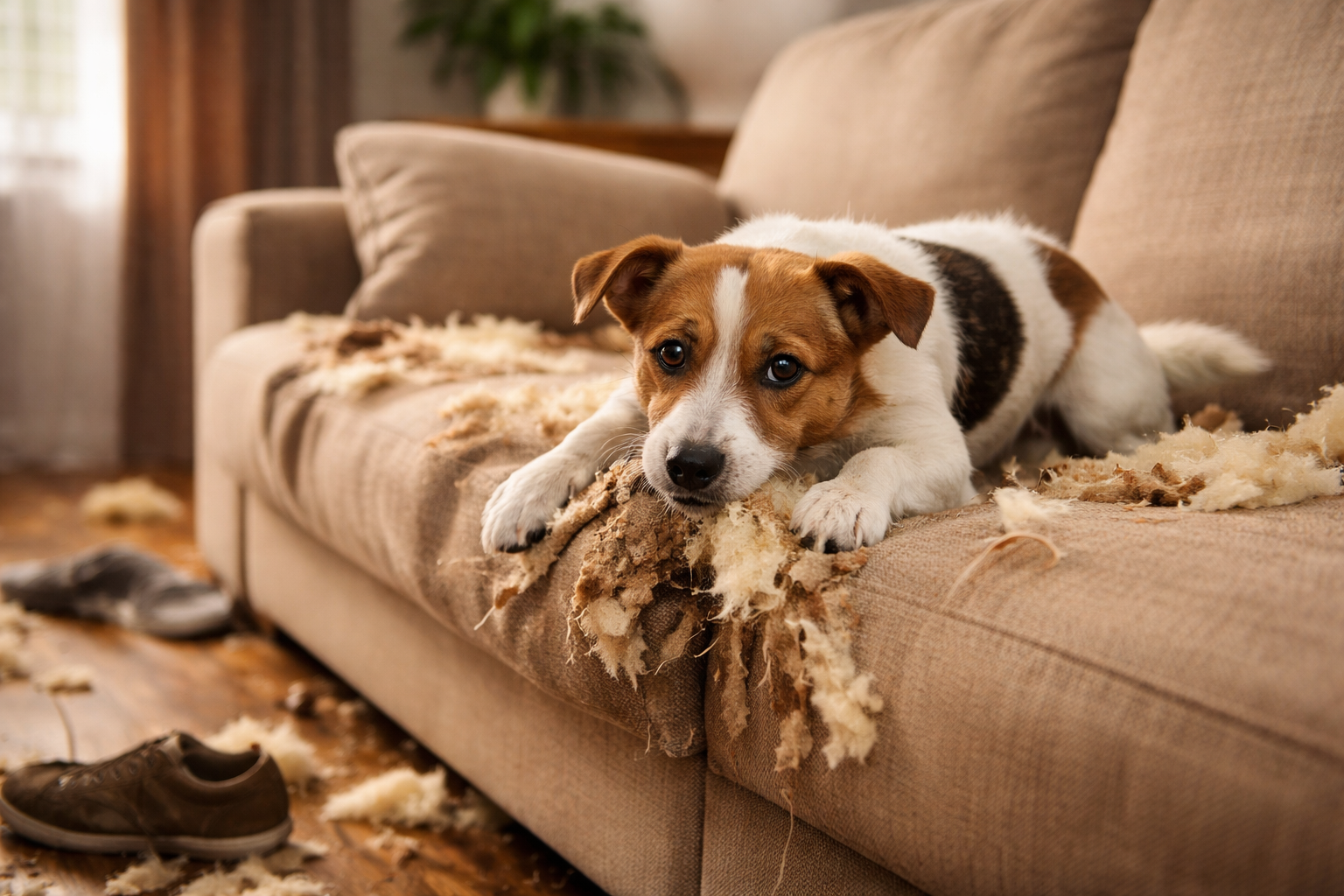 Cachorro ansioso roendo sofá dentro de casa por ansiedade de separação