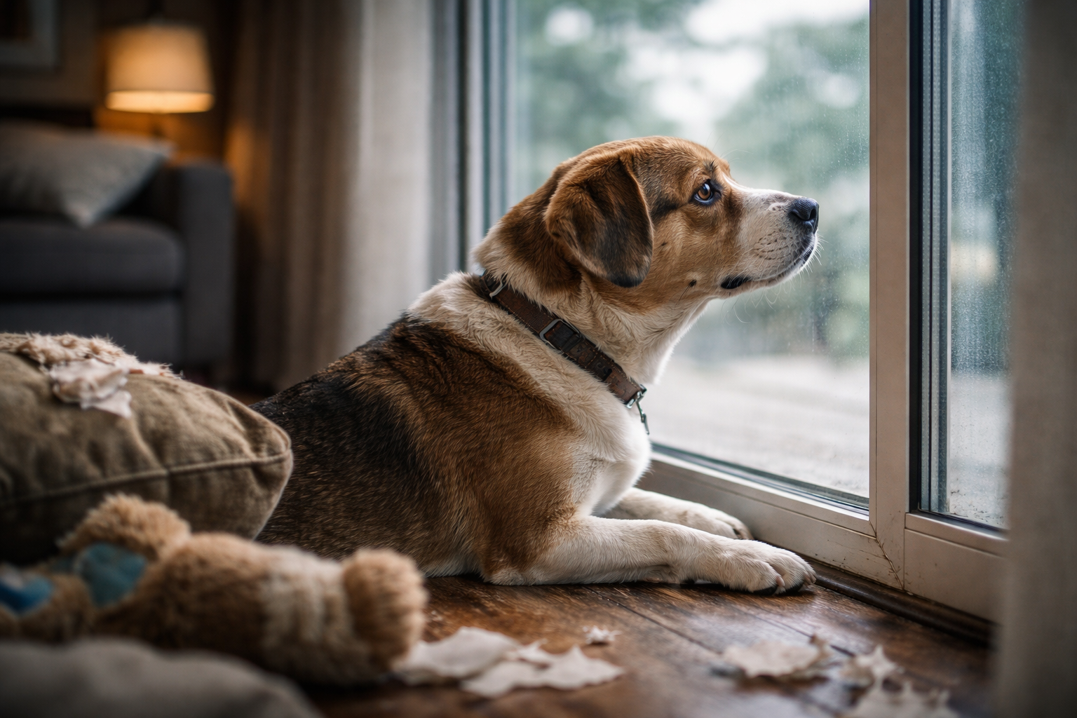 Cachorro demonstrando ansiedade ao ficar sozinho em casa, olhando pela janela
