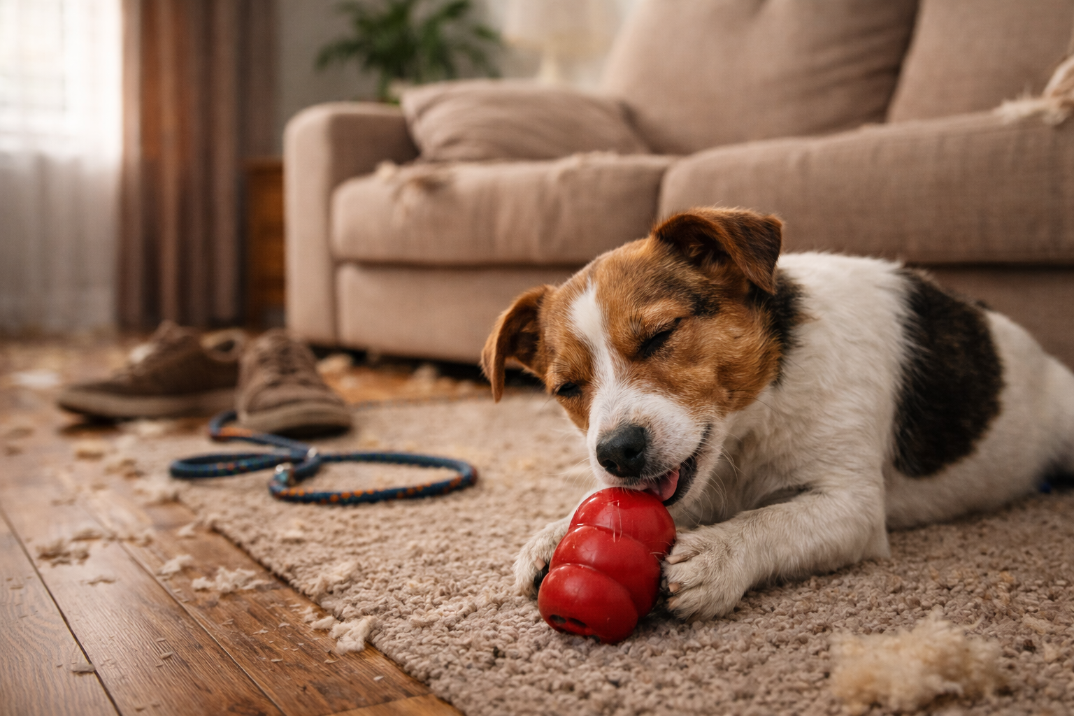 Cachorro calmo em casa mordendo brinquedo recheável após passeio, estratégia para reduzir ansiedade