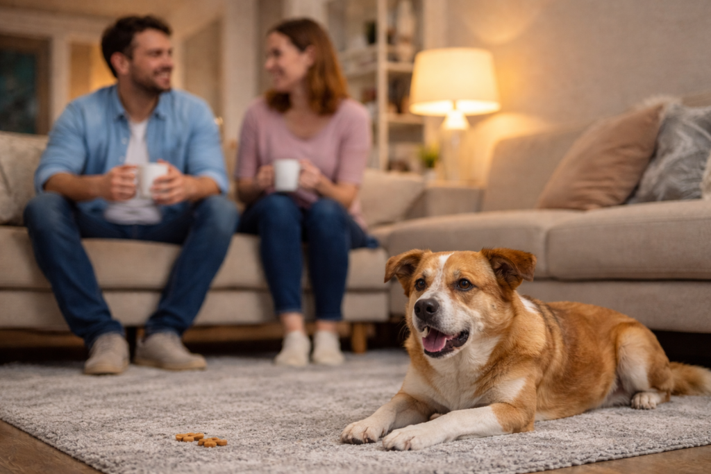 Cachorro calmo deitado no tapete enquanto visitas conversam tranquilamente na sala