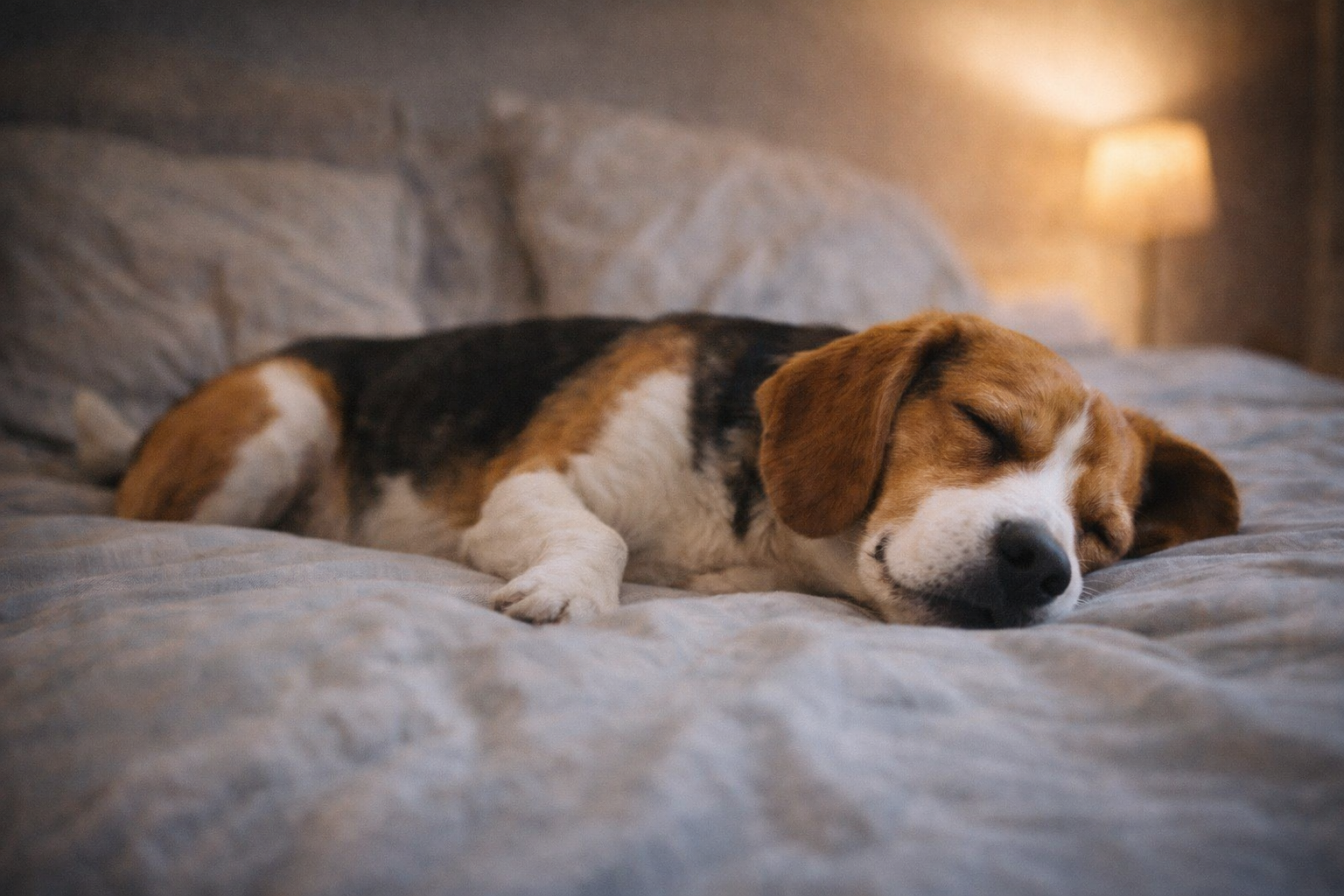 Cachorro relaxado dormindo na cama após rotina que ajuda a reduzir a ansiedade