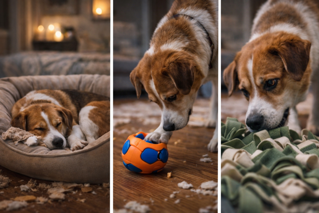 Cachorro relaxado descansando na caminha, sinal de que se sente seguro mesmo sozinho