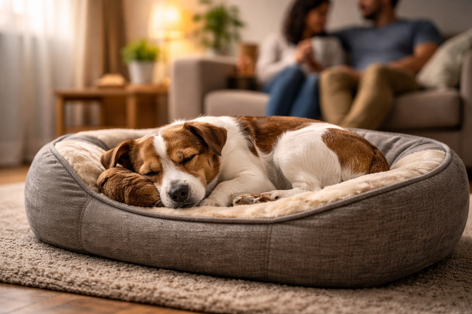 Cachorro antes ansioso dormindo relaxado na caminha em apartamento tranquilo após rotina de calma