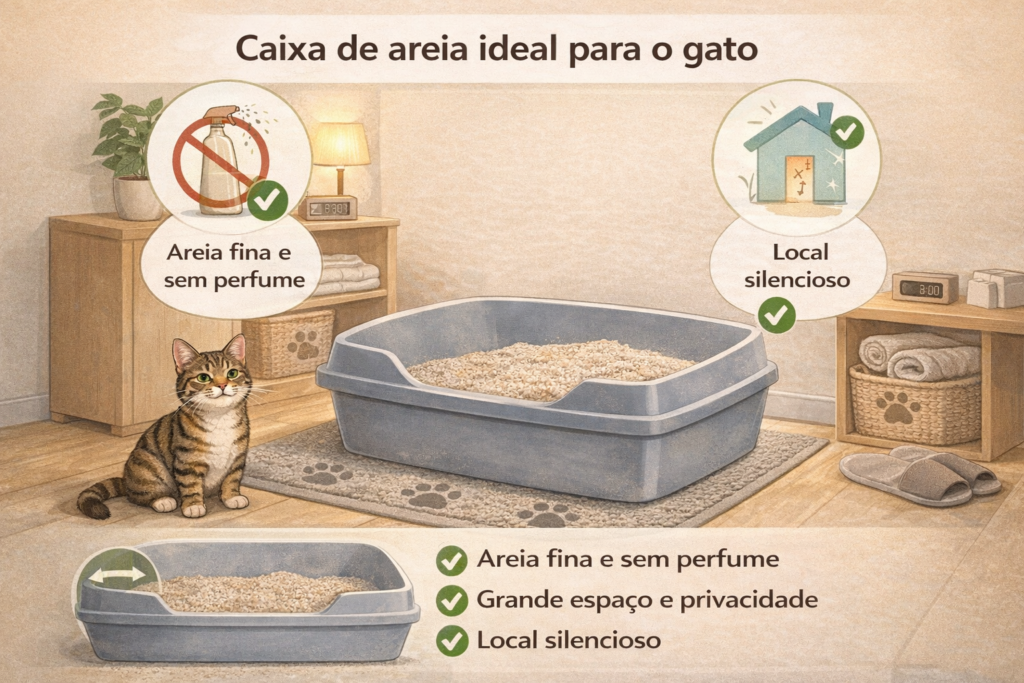 Ilustração da caixa de areia ideal para gatos, com espaço amplo, areia fina sem perfume e local silencioso