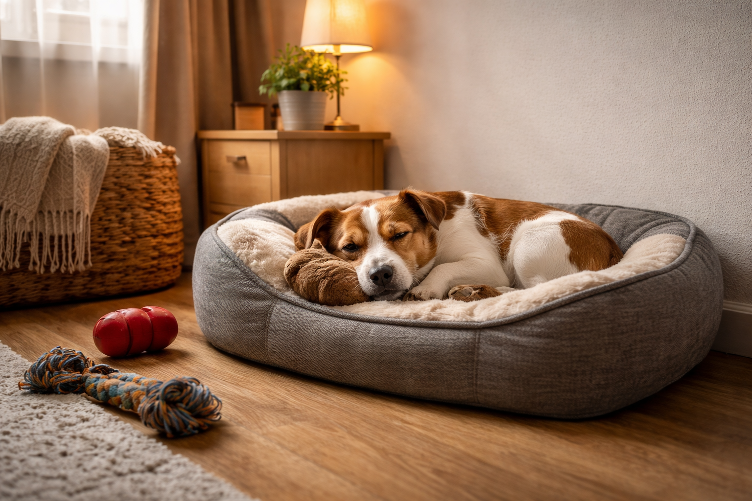 Cachorro ansioso deitado na caminha em cantinho seguro de apartamento, ambiente tranquilo para descanso
