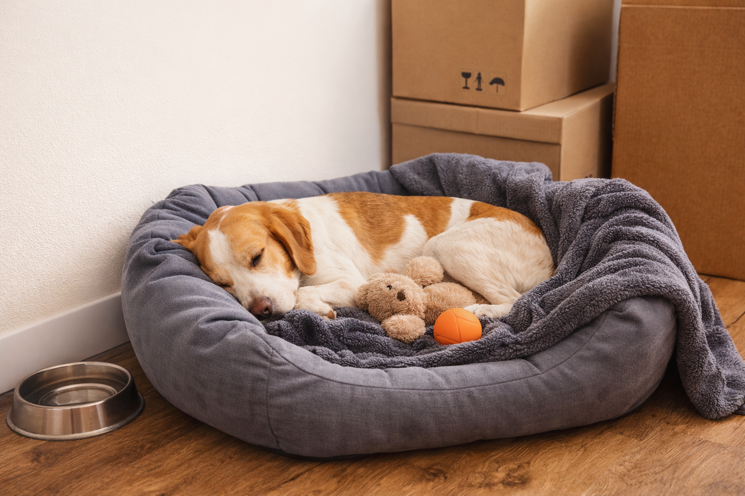 Cachorro relaxando em cantinho seguro após mudança de casa, deitado na caminha com coberta e brinquedos