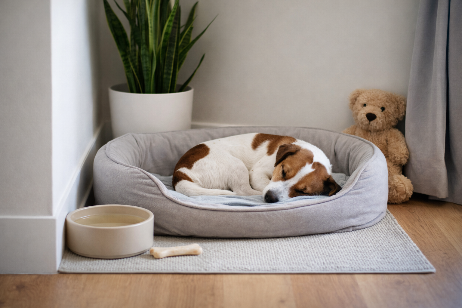 Cantinho seguro para acalmar cachorro ansioso em apartamento, com cama confortável e ambiente tranquilo
