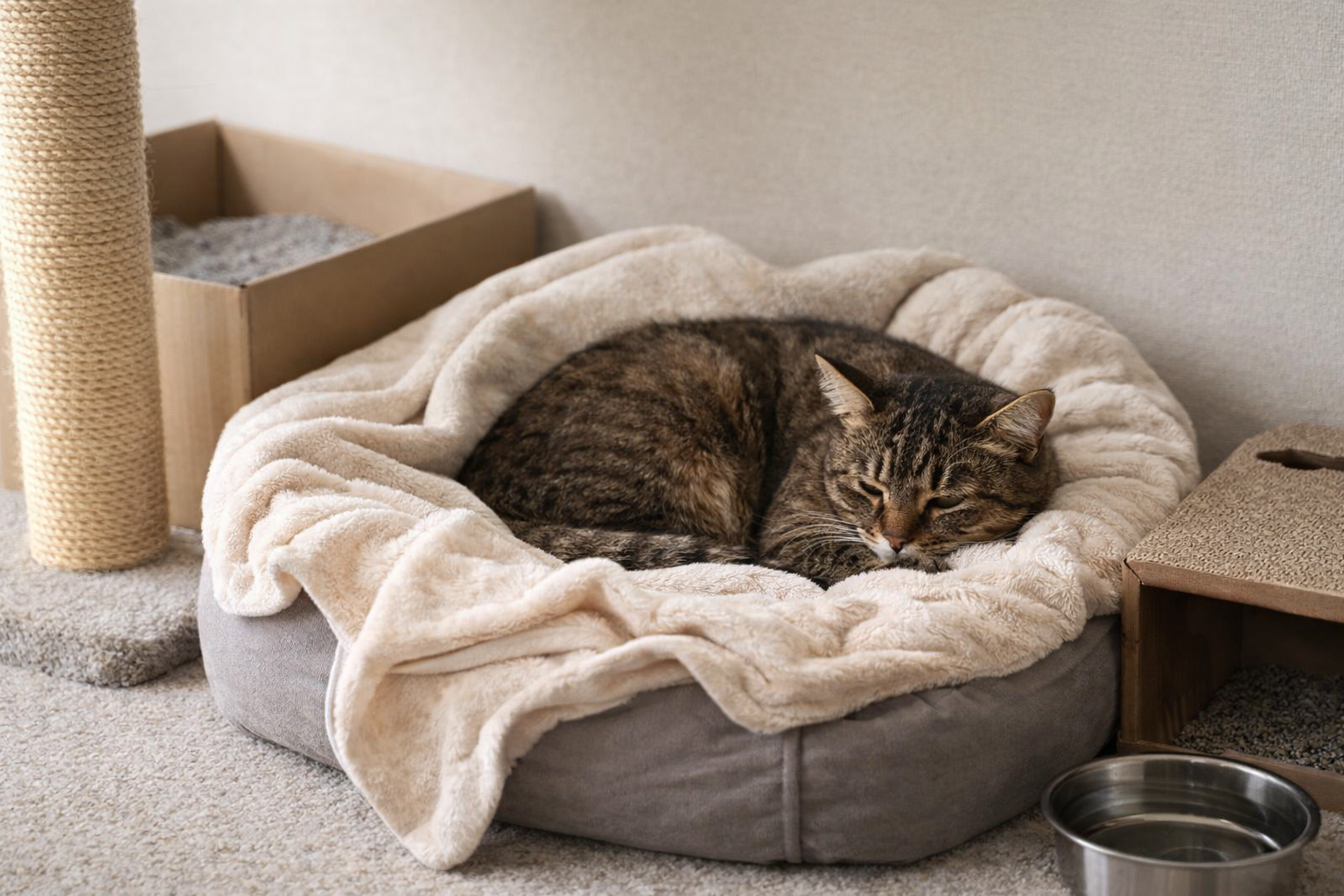 Gato descansando em cantinho seguro com cama, cobertor, arranhador, caixa de areia e água por perto, exemplo de ambiente para ajudar gato sofrendo em silêncio.