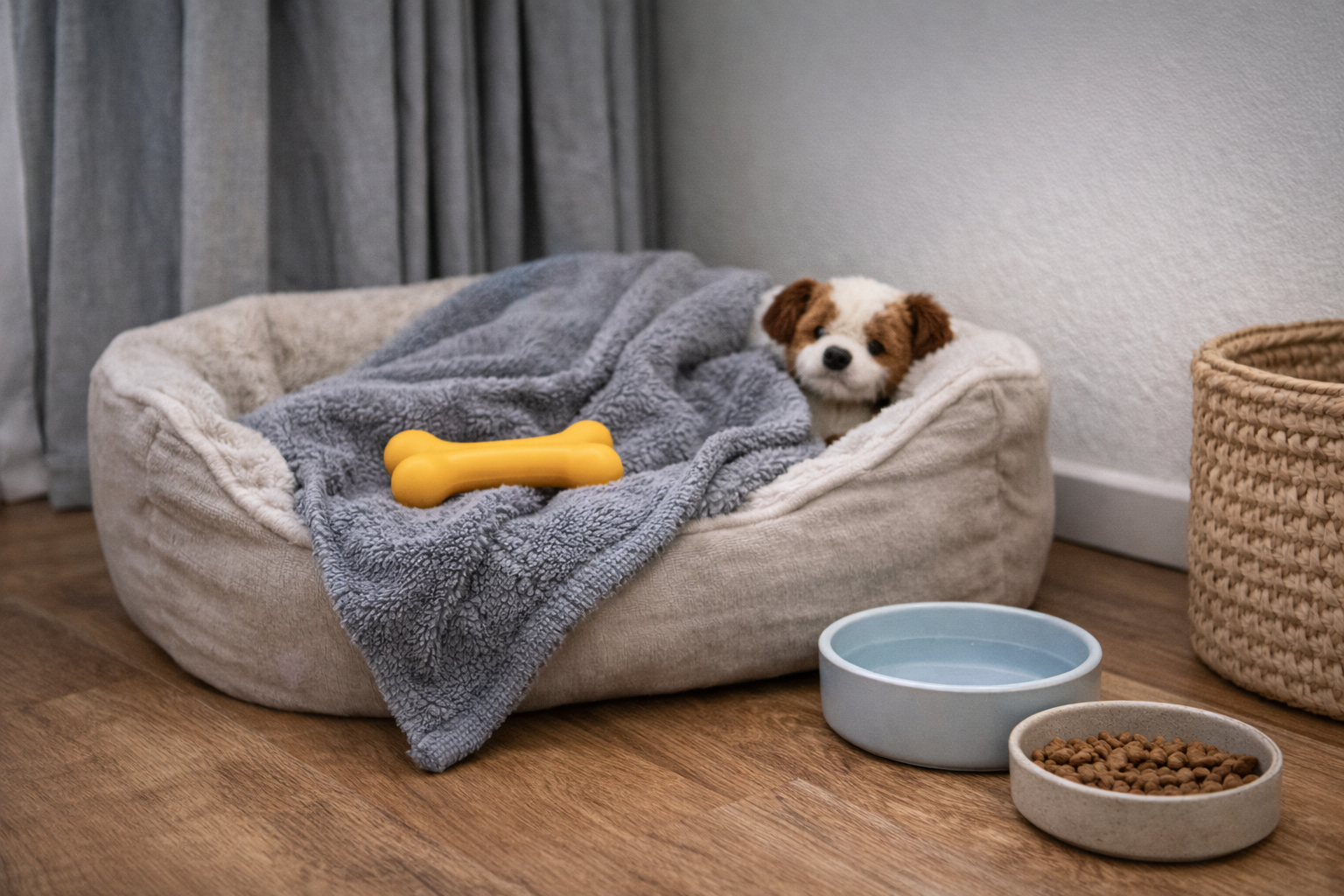 Cantinho seguro com cama, coberta e brinquedo para ajudar a acalmar cachorro ansioso em casa