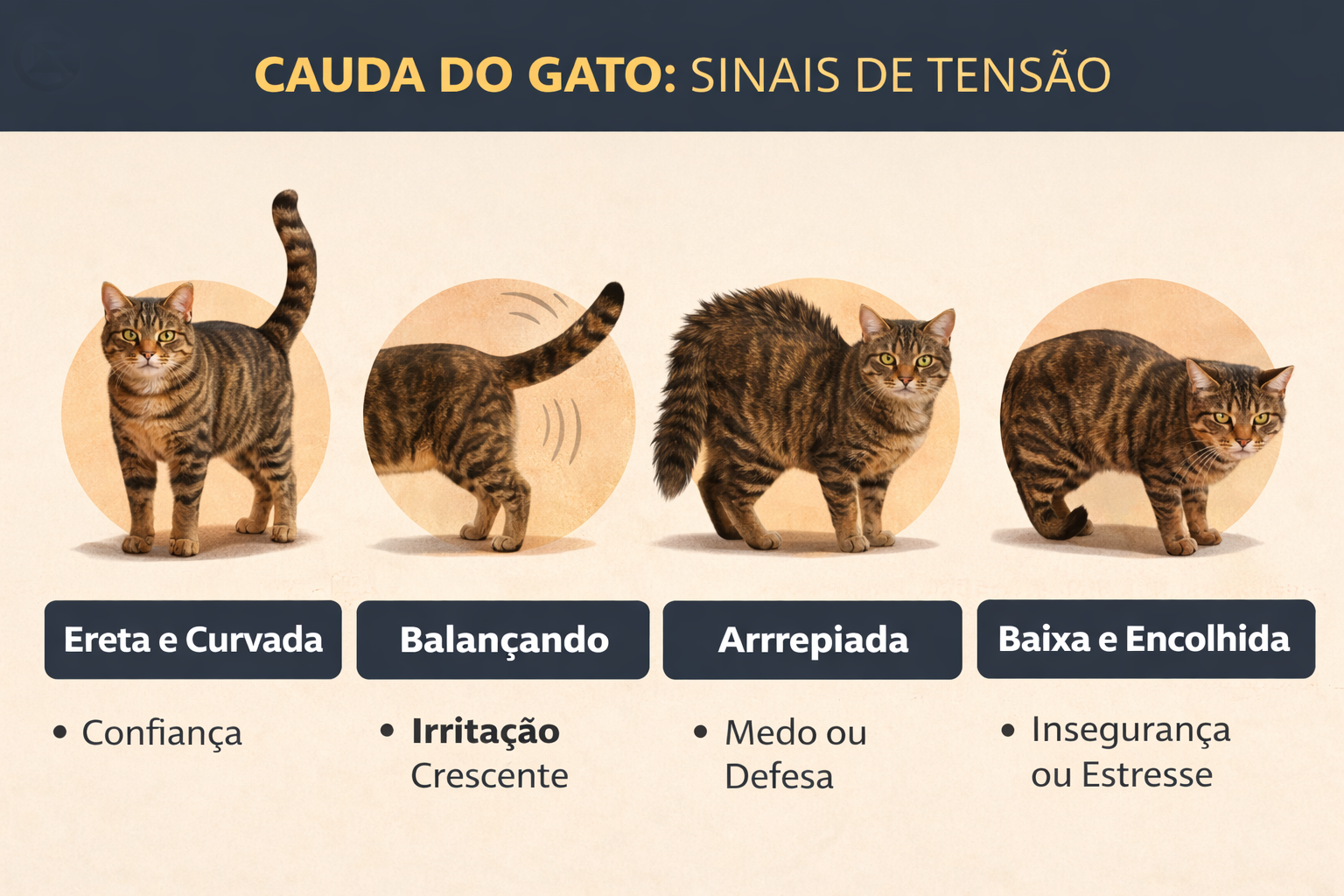 Cauda do gato sinais de tensão mostrando rabo ereto, batendo, arrepiado e baixo na linguagem corporal do gato
