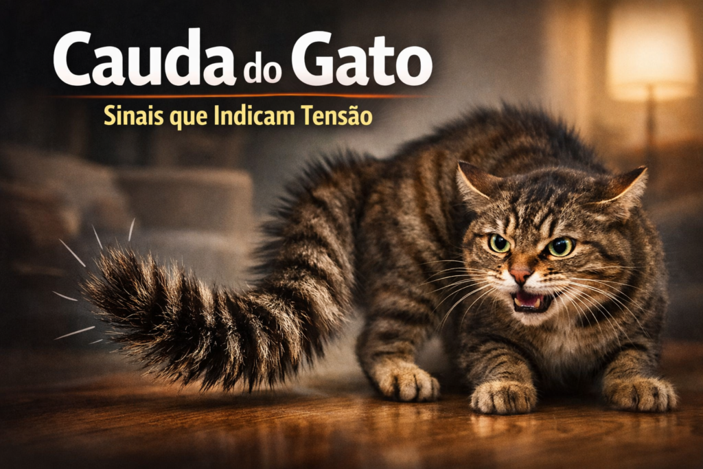 Cauda do gato arrepiada indicando tensão e postura defensiva em ambiente interno