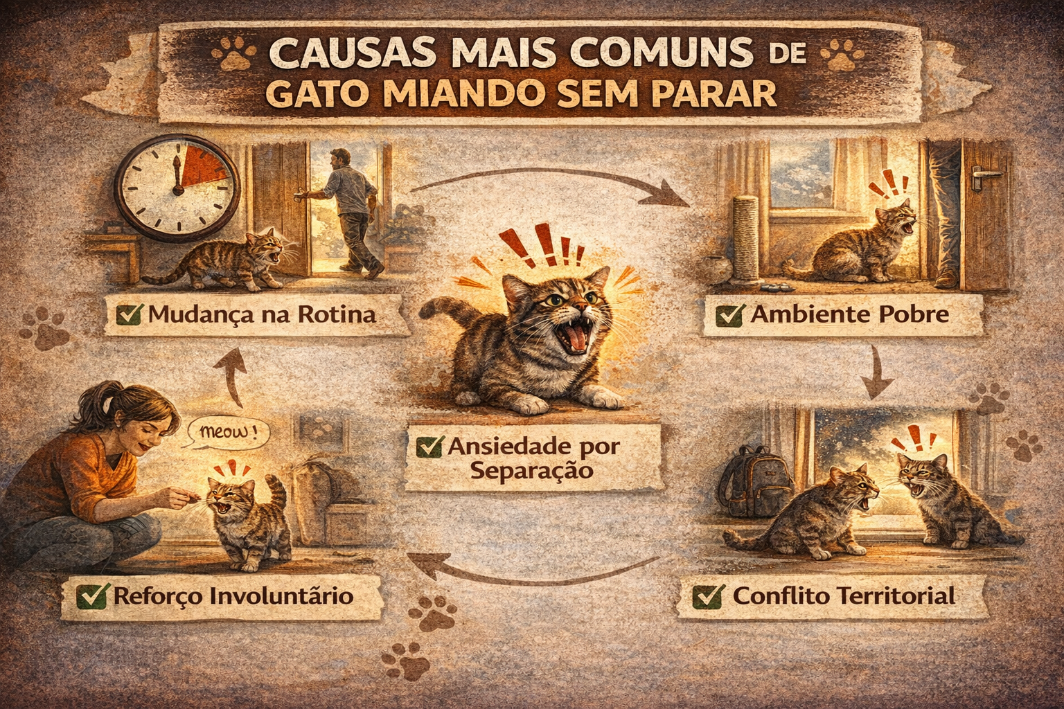 Mapa visual com as causas mais comuns de estresse em gato miando sem parar, como mudança na rotina, ambiente pobre, ansiedade por separação, conflito territorial e reforço involuntário