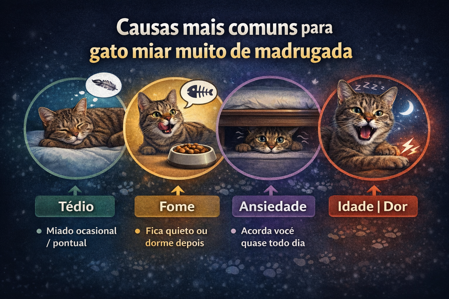 Ilustração mostrando as causas mais comuns do gato miar muito de madrugada, como tédio, fome, ansiedade, idade avançada e dor