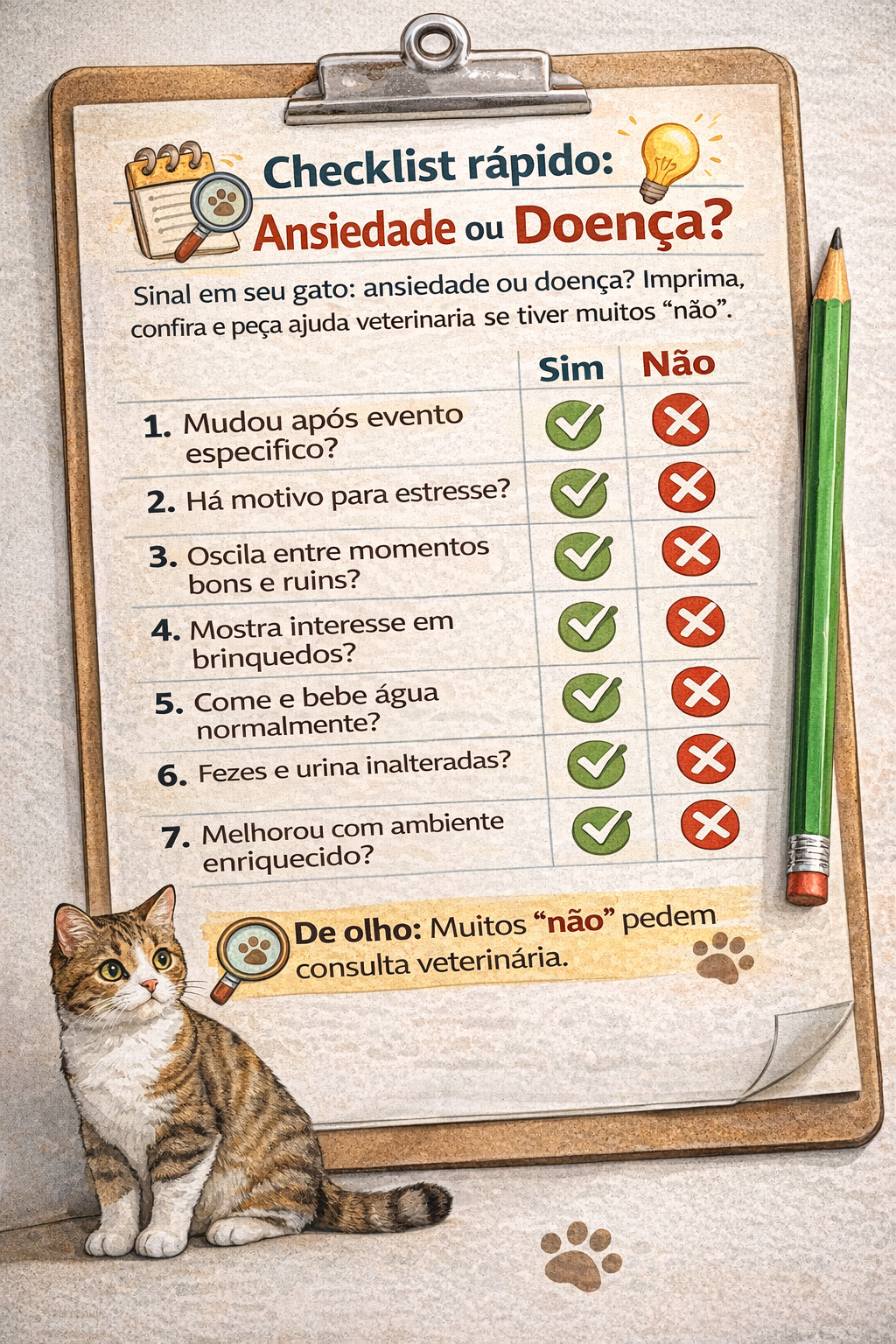 Checklist visual para diferenciar ansiedade ou doença em gatos com perguntas de sim e não para ajudar na decisão
